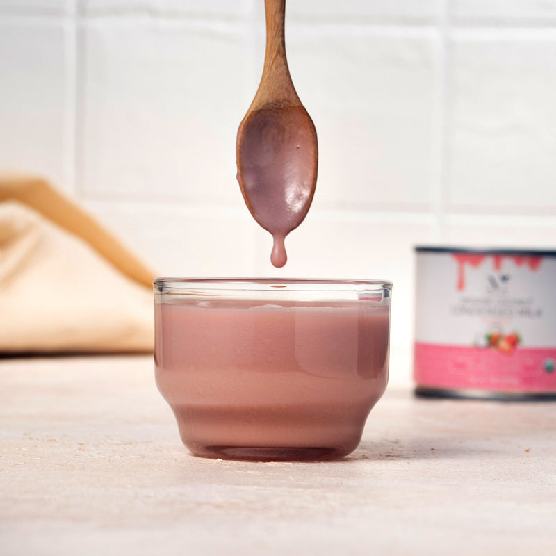 Organic Coconut Condensed Milk - Strawberry | Mementa Inc | Organic Coconut Cooking Ingredients, Plant Based Foods & Beverages, Vegan Meat Alternatives